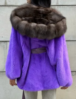 Шуба из норки Violet с капюшоном из меха куницы - фото 5