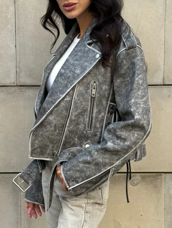 Косуха из натуральной кожи Vintage со шнуровкой - цвет серый - фото 8