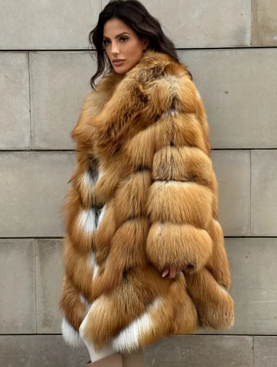 Vintage шуба диагональ из меха лисы Gold Fox, английский воротник - фото 8