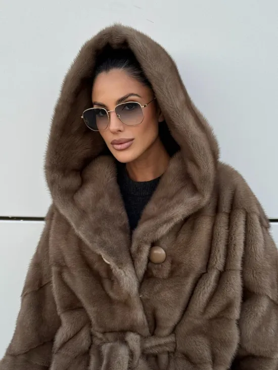 Норковая шуба автоледи с капюшоном кобра, цвет Тортор - фото 3