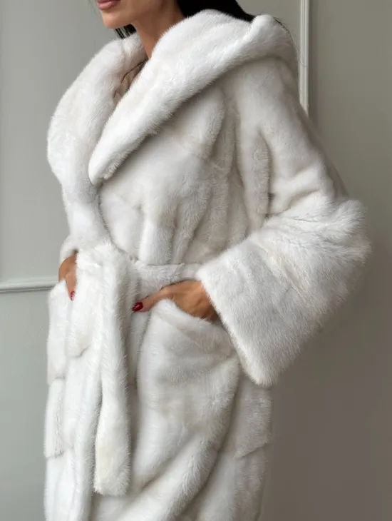 Натуральная шуба кимоно из меха норки Palomino с капюшоном кобра - фото 2