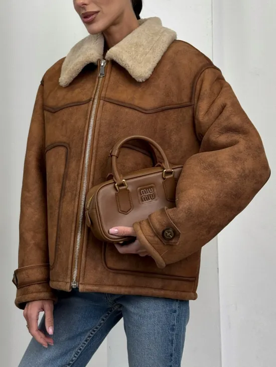 Зимняя короткая кожаная куртка из мериноса в стиле “Vintage” - фото 3