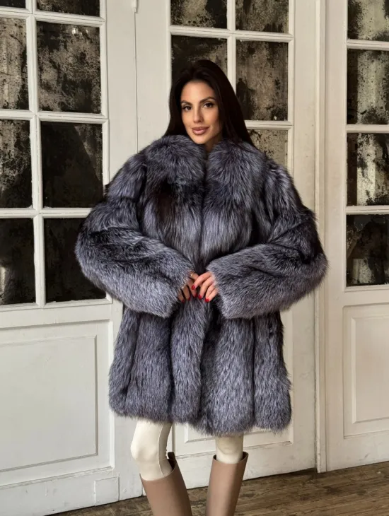 Натуральная шуба из меха чернобурки, воротник шаль - фото 11