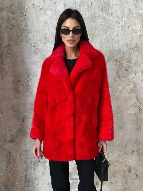 Красный полушубок из натурального меха норки - фото 5