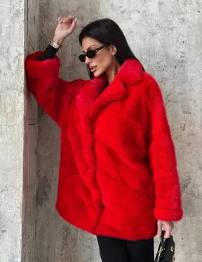 Красный полушубок из натурального меха норки - фото 7