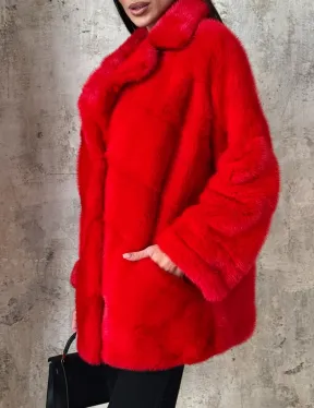 Красный полушубок из натурального меха норки - фото 2