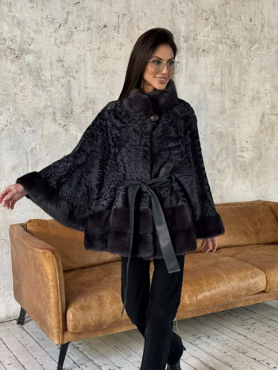 Меховое пончо - шуба из натурального меха каракульчи с отделкой из норки - фото 6