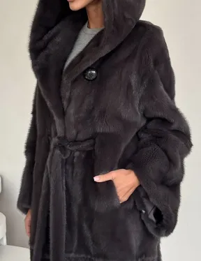 Зимняя норковая шуба с капюшоном - цвет графит - фото 1