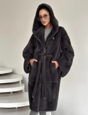 Зимняя норковая шуба с капюшоном - цвет графит - фото 0