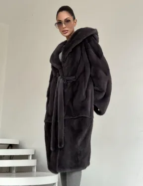 Зимняя норковая шуба с капюшоном - цвет графит - фото 4