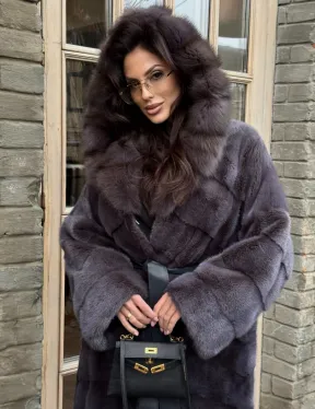 Удлиненная шуба из меха норки с капюшоном куница - фото 2