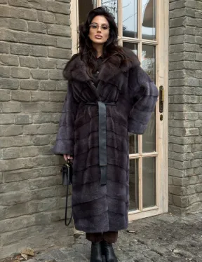 Удлиненная шуба из меха норки с капюшоном куница - фото 6