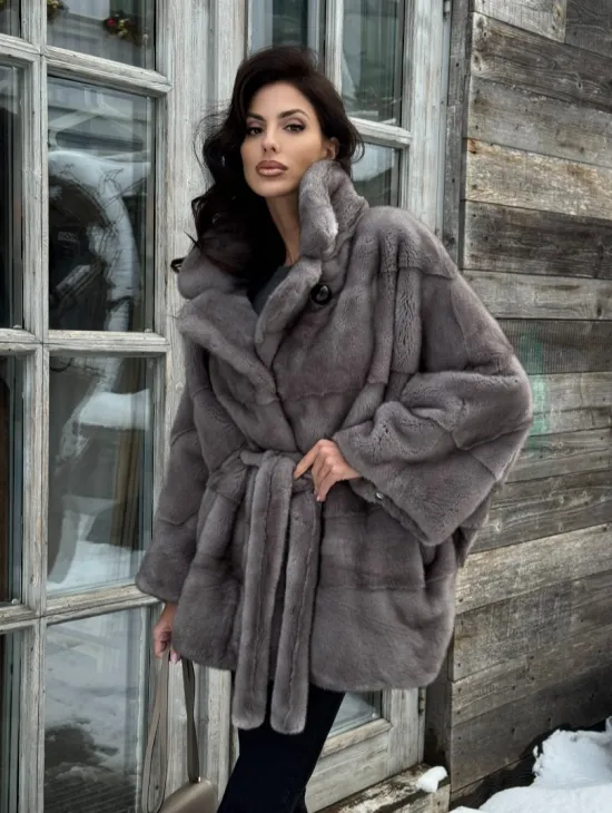 Норковая шуба в цвете графит с английским воротником - Летучая мышь - фото 10