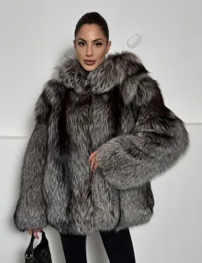 Полушубок из чернобурки с капюшоном цельные пластины - фото 6