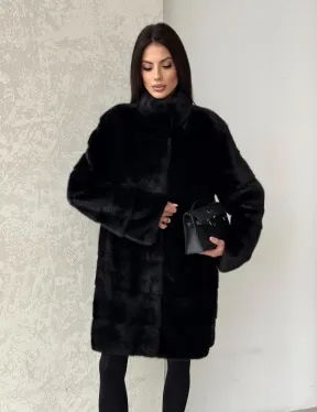 Норковая шуба в черном цвете воротник стойка - фото 8