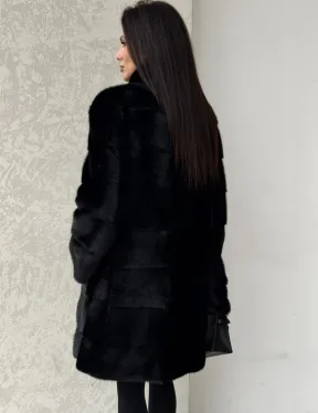 Норковая шуба в черном цвете воротник стойка - фото 2