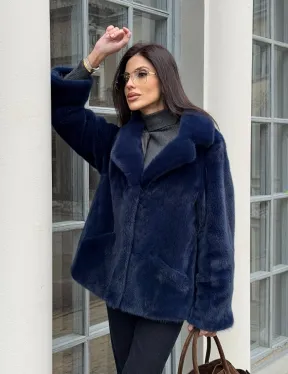 Синий норковый полушубок с английским воротником - фото 10