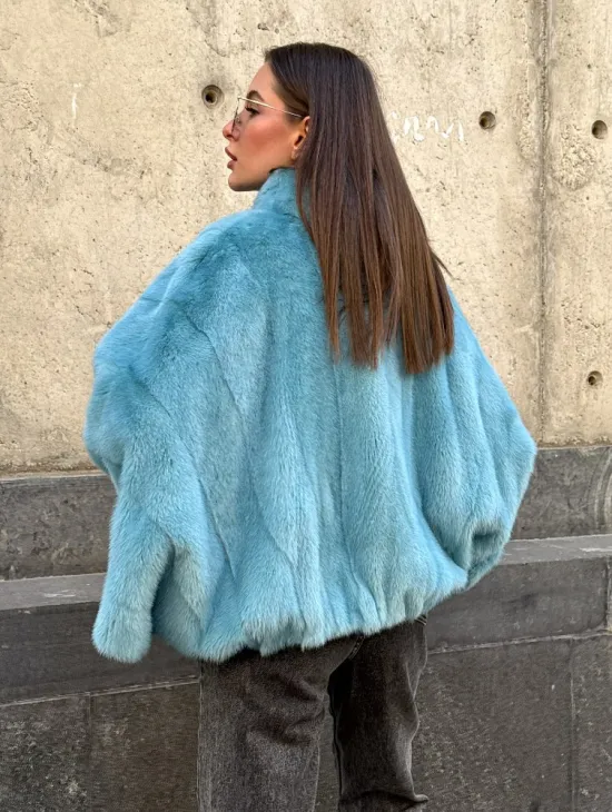 Норковая шуба летучка с V-образным воротником, цвет - тиффани - фото 2