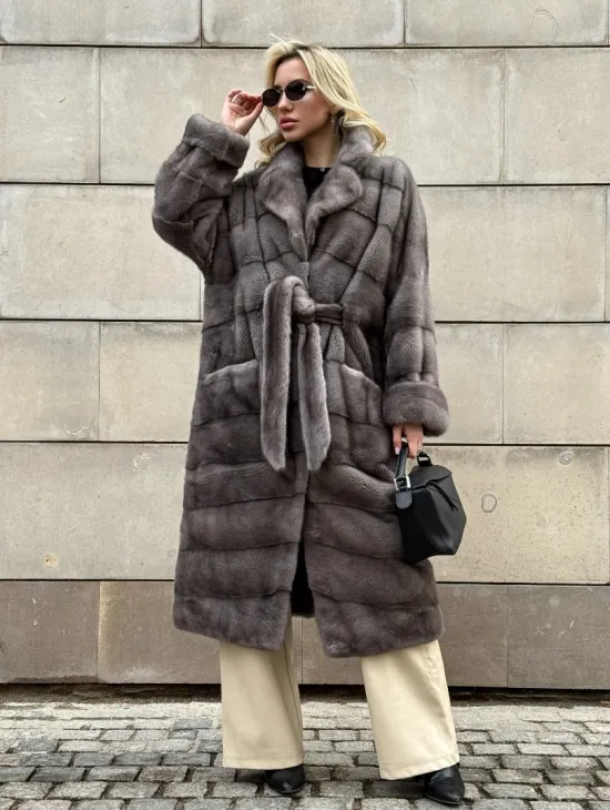 Шуба - кимоно под пояс из меха аукционной норки с английским воротником - фото 8