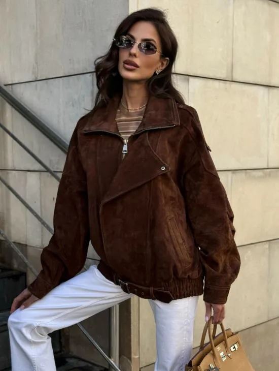 Винтажная куртка - бомбер из замши в коричневом цвете - фото 0