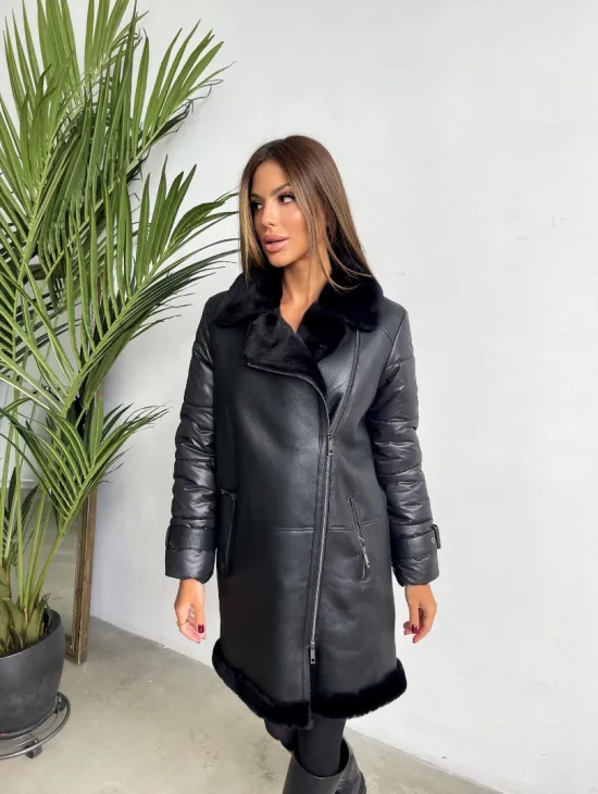 Удлиненная черная дубленка авиатор - фото 0