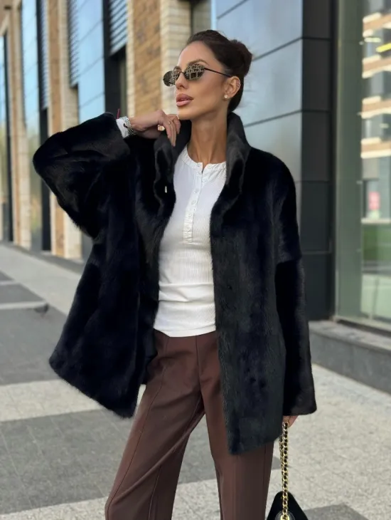 Элегантная черная шубка из меха норки - стойка воротник - фото 0