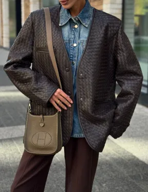 Стильный пиджак из натуральной плетеной кожи - фото 2