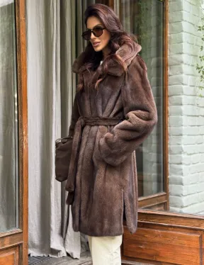 Норковая шуба с капюшоном - цвет орех - фото 5