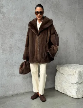 Норковый полушубок с капюшоном - цвет коричневый - фото 12