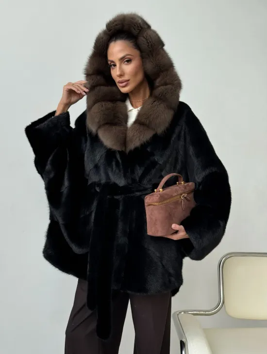 Норковый полушубок с капюшоном - летучая мышь - фото 9