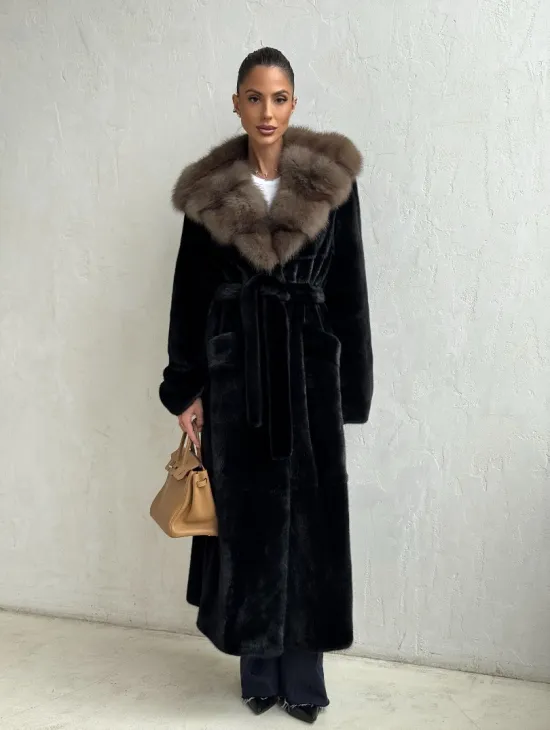 Черная норковая шуба с поясом - капюшон куница - фото 10