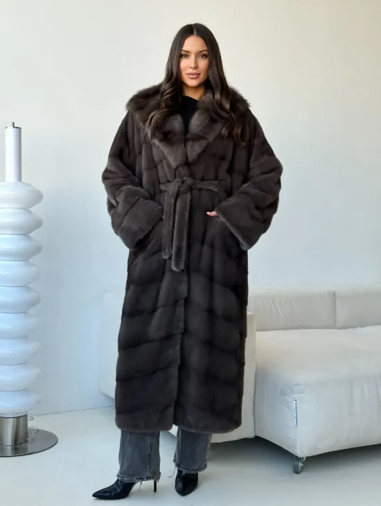 Длинная норковая шуба с капюшоном - графит - фото 0