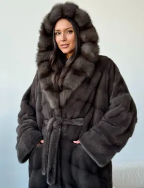 Длинная норковая шуба с капюшоном - графит - фото 3