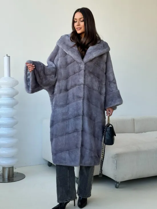 Голубая норковая шуба с капюшоном oversize - фото 8