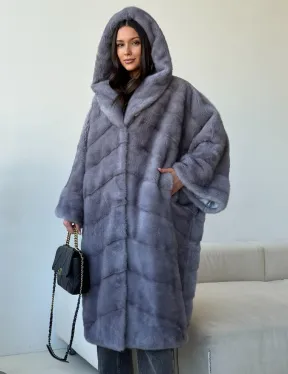 Голубая норковая шуба с капюшоном oversize - фото 7