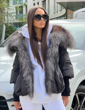 Пуховик с воротником из чернобурой лисы - фото 1