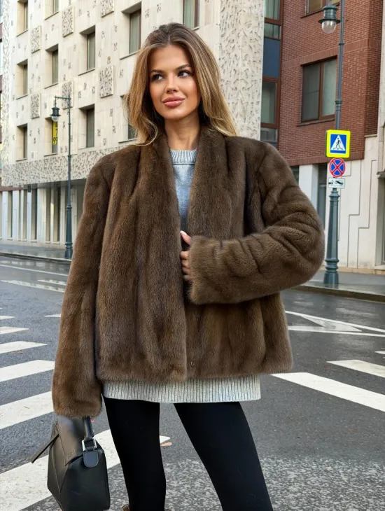 Короткий норковый жакет - цвет соболь - фото 0