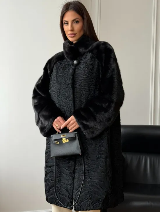 Шуба из каракуля с норкой - стойка воротник - фото 8