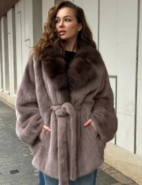 Норковая шуба летучка - воротник куница - фото 5