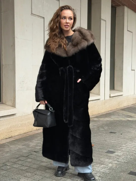 Длинная норковая шуба - кимоно с капюшоном куница - фото 9