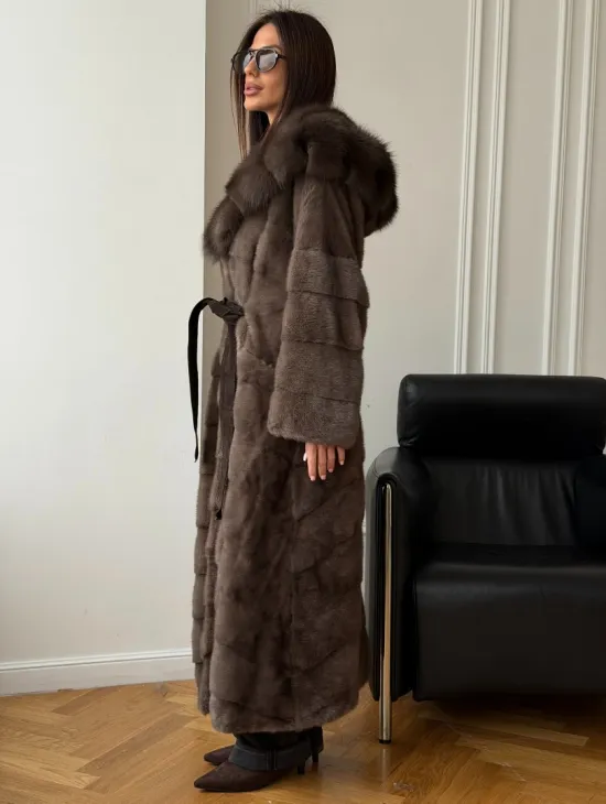 Шуба-кимоно с капюшоном куница - фото 3