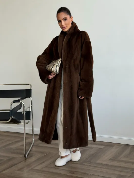 Шуба норковая в роспуск с меховым поясом - фото 5