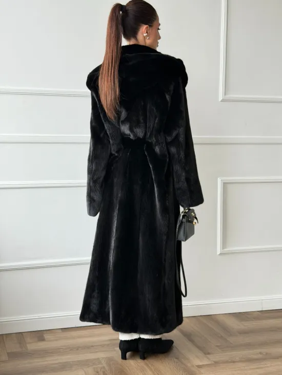 Чёрная норковая шуба модель «кимоно» с капюшоном кобра - фото 3
