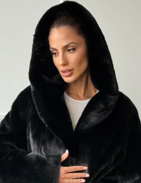 Чёрная норковая шуба модель «кимоно» с капюшоном кобра - фото 5