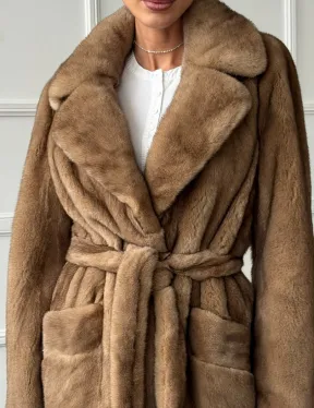 Полушубок норковый пастель с меховым поясом - фото 1