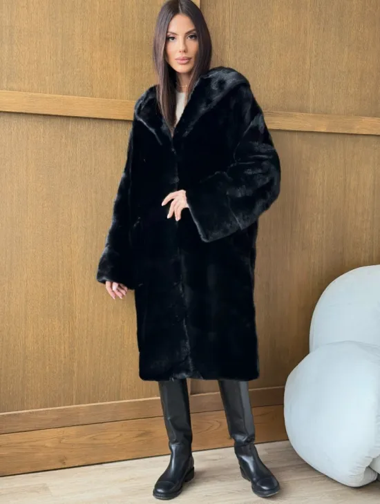 Черная норковая шуба с капюшоном - фото 5