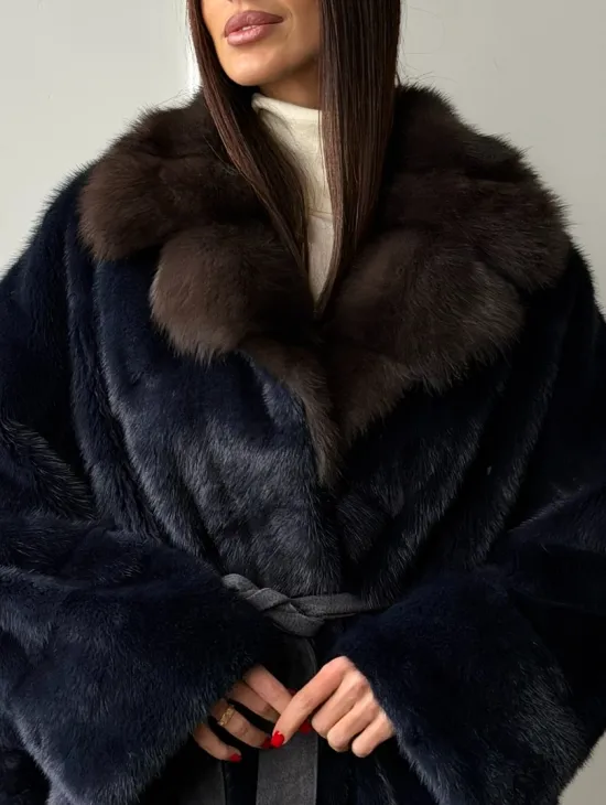 Норковый полушубок летучая мышь с воротником куницы  Dark Blue - фото 1