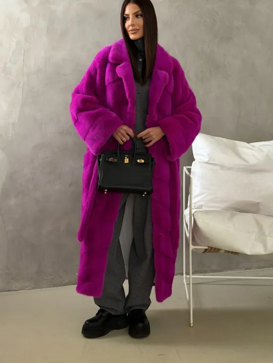 Длинная норковая шуба - цвет фуксия - фото 6