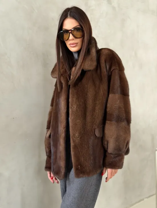 Короткая норковая шуба под соболь - фото 9