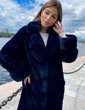 Шуба из плюшевой норки в цвете индиго - фото 1